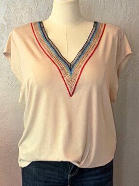 NIP Rainbow Crochet Embroidered V-Neck Nude Blush Top Cotton Blend Boho XXL